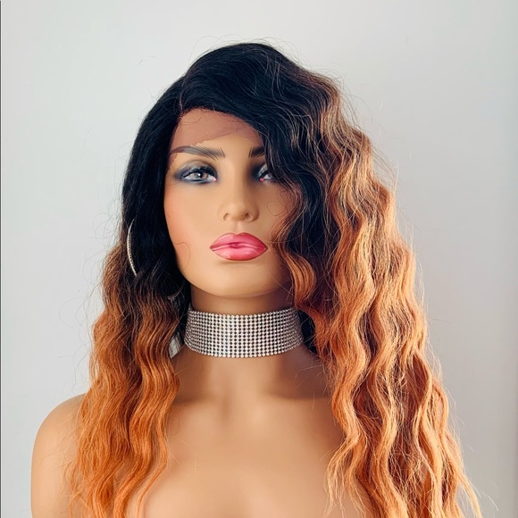 Long Wavy 24” Ombre Orange Copper Premium Fiber Lace Front Wig - Picture 7 of 14